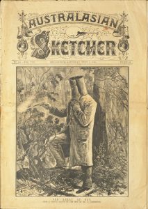 The front cover of The Australasian Sketcher (Melbourne), 3 July 1880, featuring Ned Kelly in his armour at Glenrowan