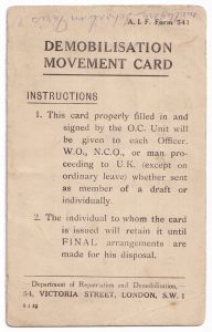 Demobilisation Movement Card for an Australian soldier, 24 January 1919 (World War One)