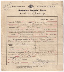 Certificate of Discharge, for Frederick Raymond Stewart, 1942 (Second World War military document)