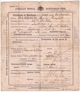 Certificate of Discharge, for Henry Dayrell Herdson, 1919 (First World War military document)