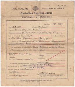Certificate of Discharge, for Henry Dayrell Herdson, 1943 (Second World War military document)