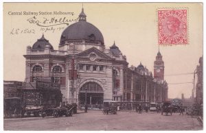 Postcard, with a photo of Flinders Street railway station (Melbourne, Victoria)