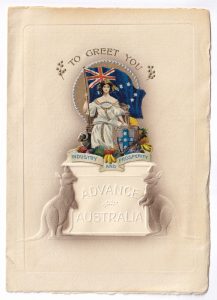 A Christmas card, with a drawing of a young maiden holding an Australian flag