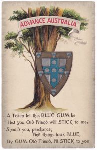 Postcard, with a drawing of a tree with the words “Advance Australia”, along with a Southern Cross Shield and a poem