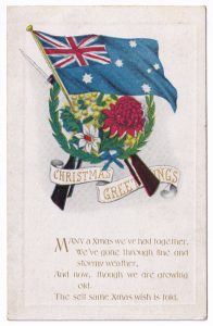 Postcard, with a wreath (with wattle and waratah), with an Australian flag.