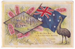 A Christmas postcard, with an Australian flag and an emu.