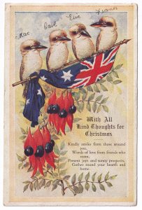 A Christmas postcard, with an Australian flag and some kookaburras.