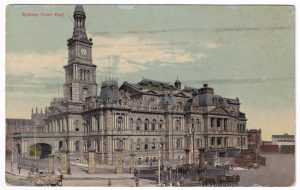 Postcard, with a photo of the Town Hall in Sydney