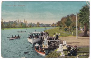 Postcard, with a photo of people in boats on Torrens Lake, Adelaide