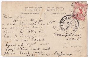 Postcard, with a red kangaroo stamp, 1913