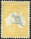 Kangaroo and Map stamp, 5/- (five shillings), grey and yellow