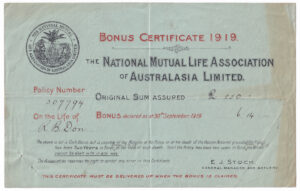 An insurance certificate, issued in 1919 by the National Mutual Life Association of Australasia