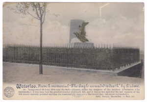 Postcard, with a photo of a memorial statue known as the “Monument of the Wounded Eagle” (located near Waterloo, in Belgium), 25 December 1918