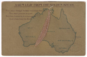 Postcard, with a map of mainland Australia (with a gum leaf made from leather), circa 1907