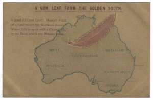 Postcard, with a map of mainland Australia (with a gum leaf made from leather), circa 1907