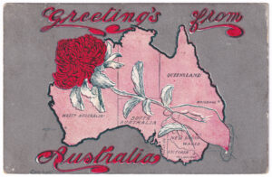 Postcard with a map of mainland Australia (with a waratah flower), 28 March 1912