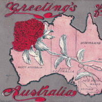 Postcard with a map of mainland Australia (with a waratah flower), 28 March 1912