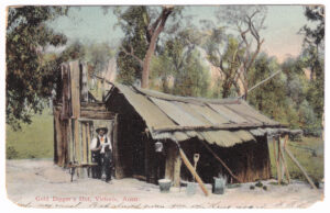 Postcard, with a photograph of a gold digger’s hut, or shack (1906)