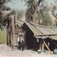 Postcard, with a photograph of a gold digger’s hut, or shack (1906)