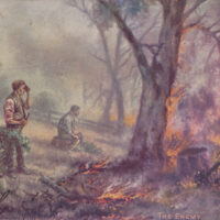 Postcard, with a painting (by James Alfred Turner, 1850-1908), of three men facing a bush fire