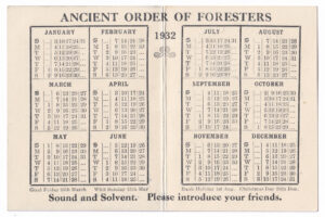 A mini-calendar, produced by the Ancient Order of Foresters in West Hobart (Tasmania)
