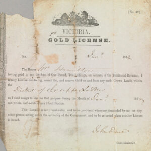 Gold License (Victoria) for Mr. Hamilton, January 1852