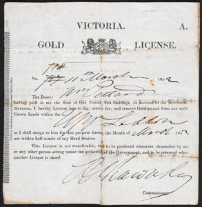 Gold License (Victoria) for William Pettard, 11 March 1852