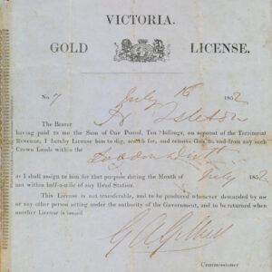 Gold License (Victoria) for H. Isleton, 16 July 1852