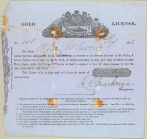Gold License (Victoria) for Berney Wheaton, 3 September 1853