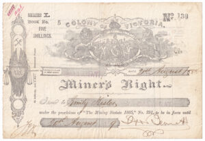 Miner's Right (Vic.) for Emily Kisler, 21 August 1888