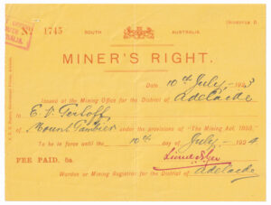 Miner’s Right (South Australia) for Ernest Victor Gerloff, 10 July 1923