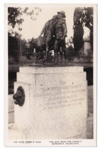 Postcard, with a photograph of a monument of Simpson and his donkey (circa 1954).