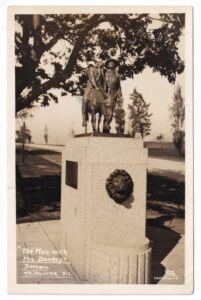 Postcard, with a photograph of a monument of Simpson and his donkey (circa 1940s to 1950s).
