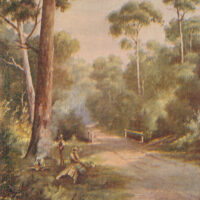 Postcard with a painting (by J. Hutchings) of two swagmen beside a road (circa 1905-1907)