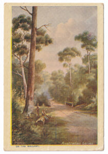 Postcard with a painting (by J. Hutchings) of two swagmen beside a road (circa 1905-1907)