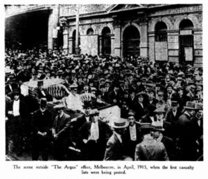 The scene outside “The Argus” office, Melbourne, in April, 1915, when the first casualty lists were being posted (World War One), from "The Australasian" (Melbourne, Vic.), 27 April 1935